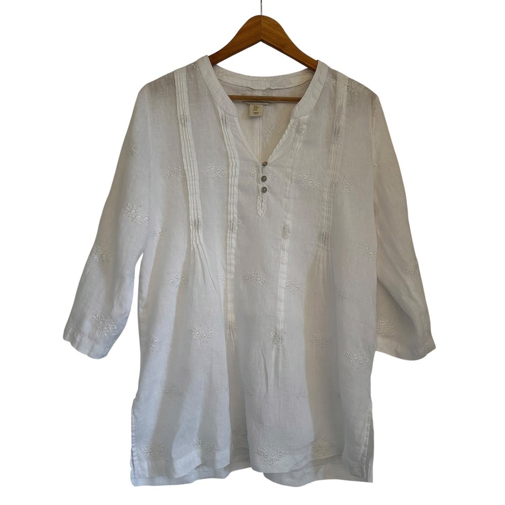 Cynthia Rowley White Linen Embroidered Pintuck Tunic Blouse Roll Tab Sleeve M